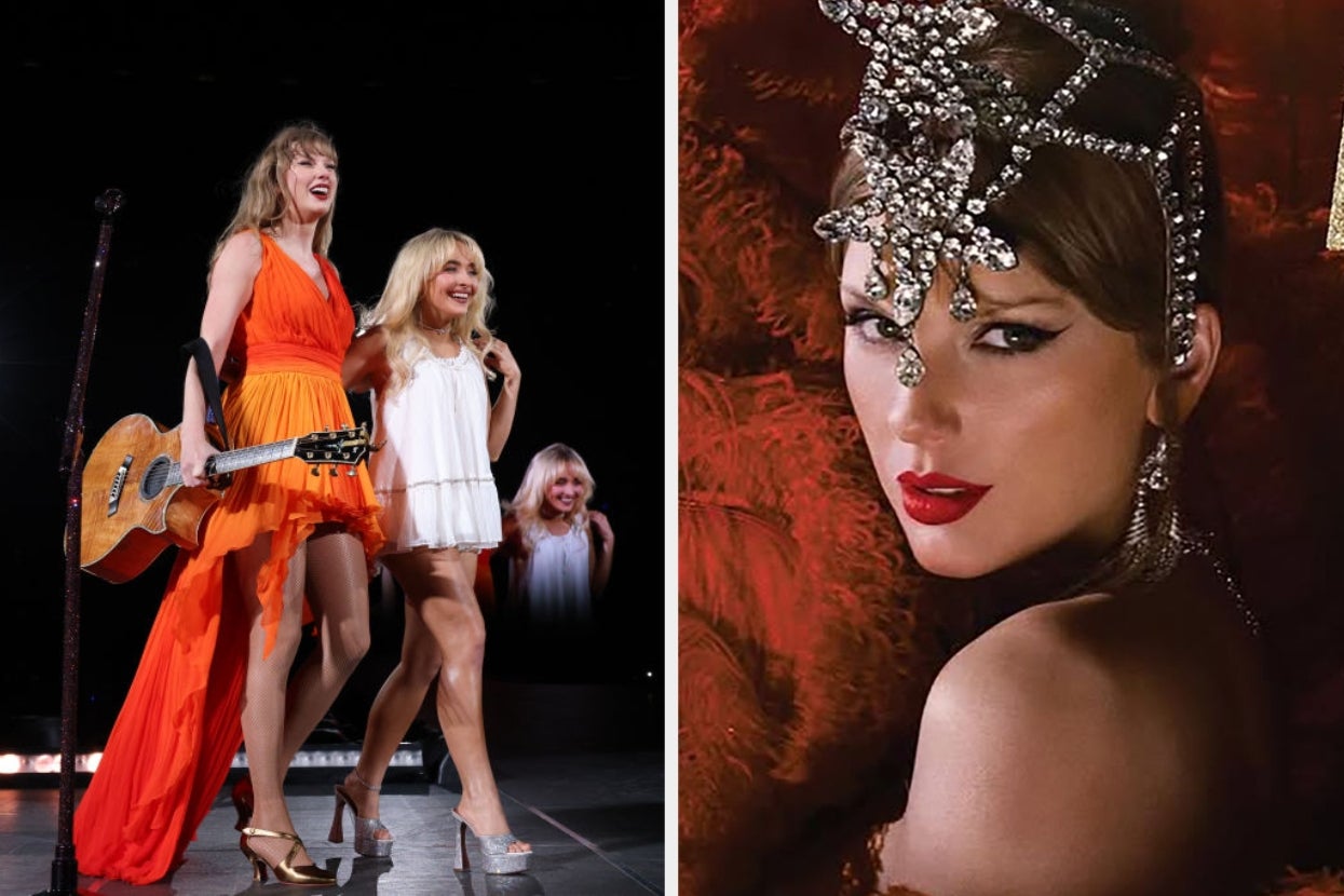 Taylor Swift and Sabrina Carpenter on stage: Taylor in an orange dress with a guitar, Sabrina in a short white dress. Taylor Swift shows a woman with jeweled headpiece