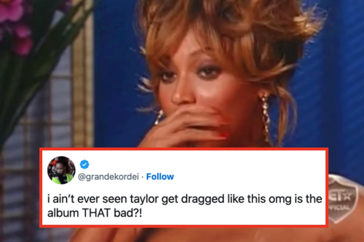 A person with a surprised expression covers their mouth. Overlaid tweet questions if criticism of Taylor's album was warranted