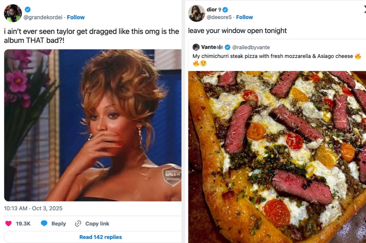 Collage of a meme showing a surprised woman from a TV show next to a tweet about chimichurri steak pizza