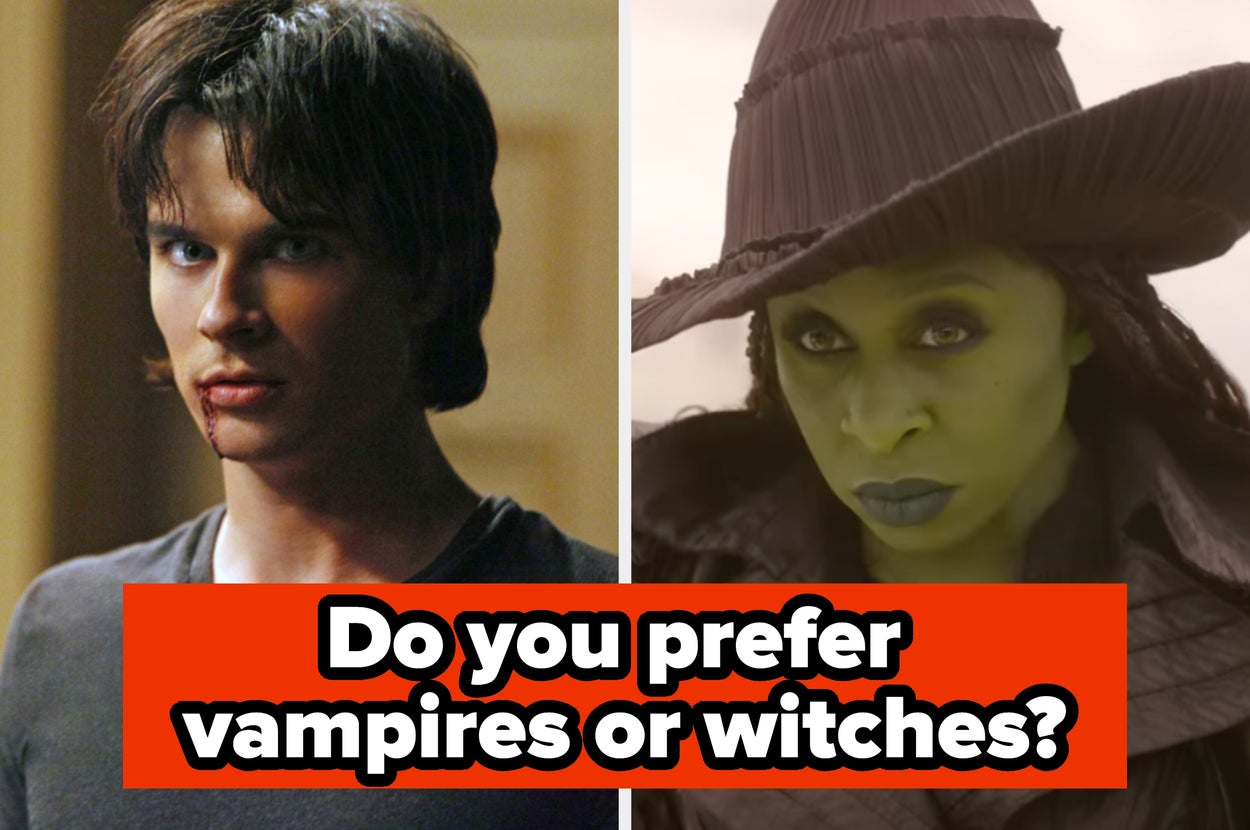 Split image: left shows a person with fangs; right shows a person as a witch. Text below asks, "Do you prefer vampires or witches?"