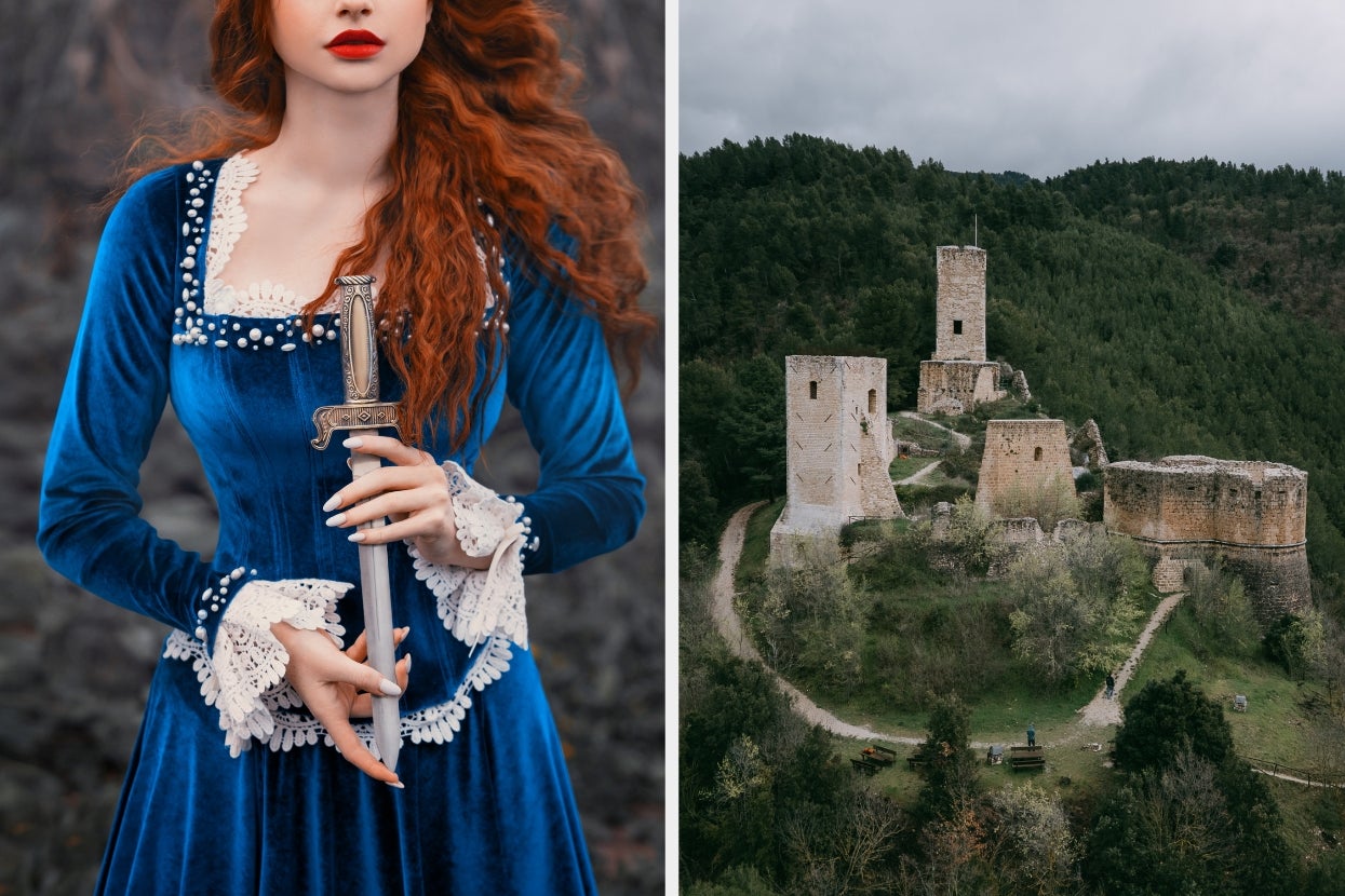 A woman in a vintage style blue medieval dress holds a sword; next to her, a scenic view of an ancient, ruined castle is seen