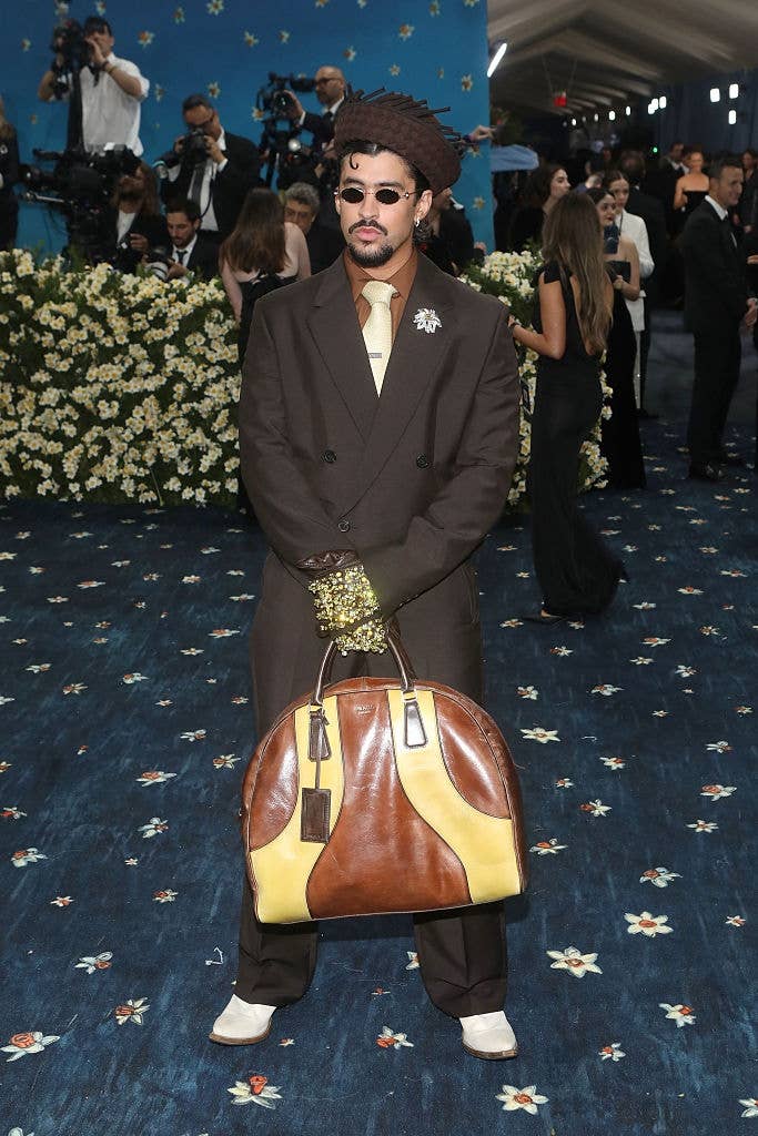 bad bunny black dress Bad Bunny Stuns Met Gala With Detailed Aged Up Look and Fashion
