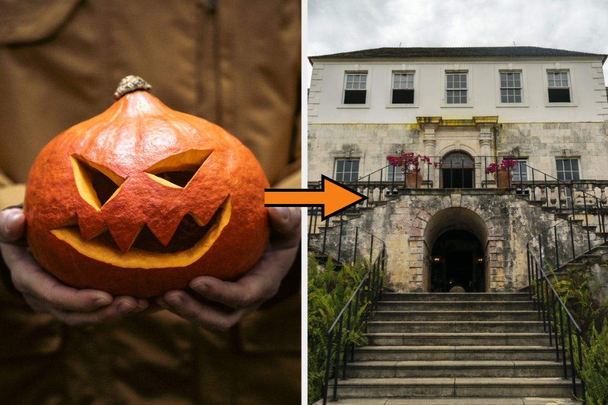 Person holding a carved pumpkin next to a historic, grand house with an arrow pointing from the pumpkin to the house
