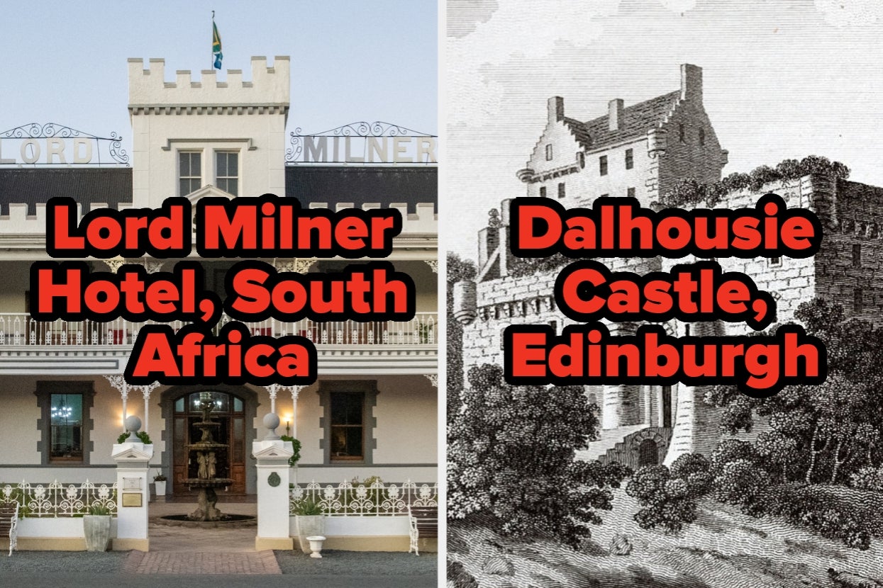 Lord Milner Hotel in South Africa next to a historic illustration of Dalhousie Castle in Edinburgh