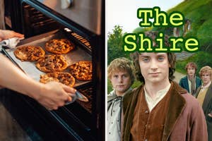 Person placing cookies in the oven; Photo of hobbit house and hobbits from "The Lord of the Rings" labeled "The Shire"