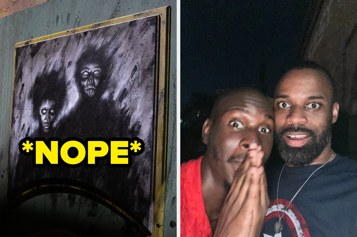 Left: A dark, abstract painting with haunting figures. Right: Two people are taking a selfie at night, one with hands clasped playfully
