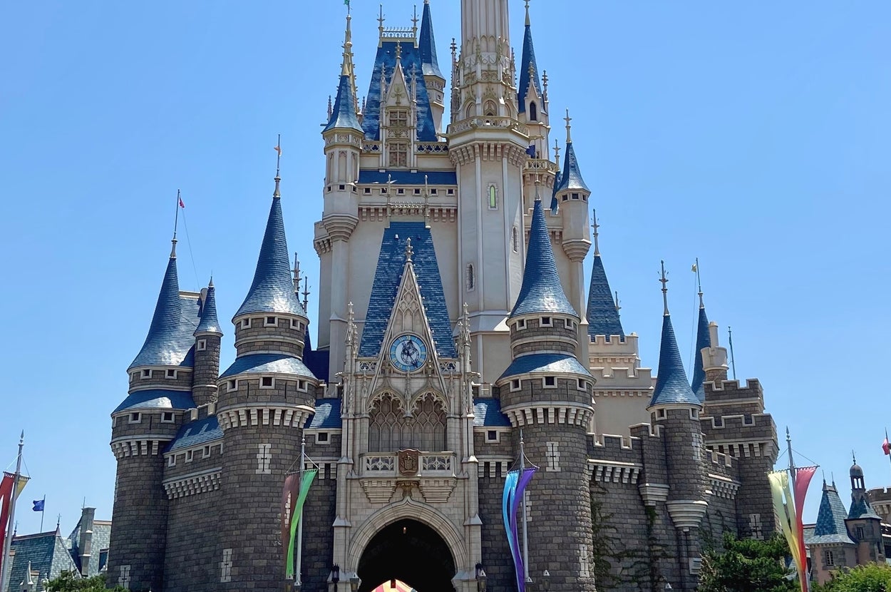 ディズニーランドのシンデレラ城の正面。壮大な塔とアーチのあるファンタジースタイルの城。