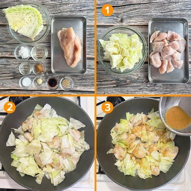 キャベツと鶏肉の料理レシピ。鶏肉とキャベツを炒めてソースを加える手順を示しています。