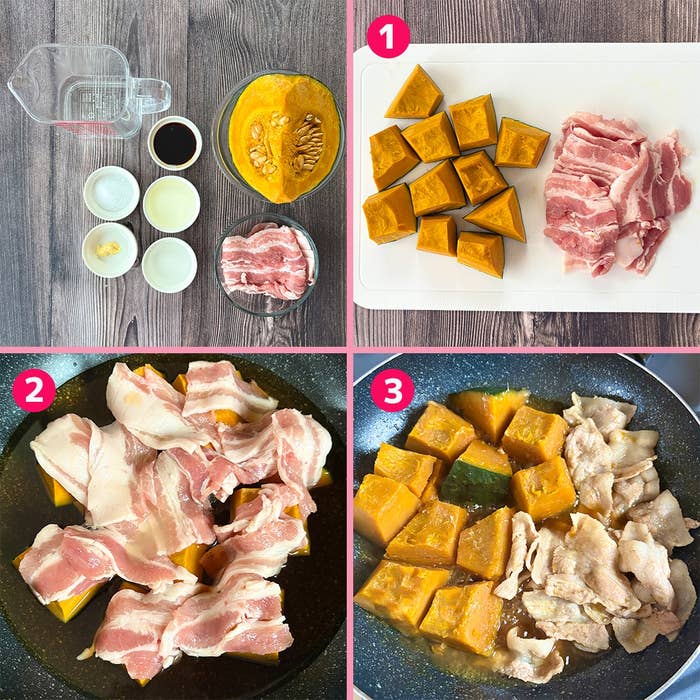 かぼちゃと豚肉を使った料理の手順。1. 材料を切る。2. フライパンに具材を入れる。3. 料理が完成。