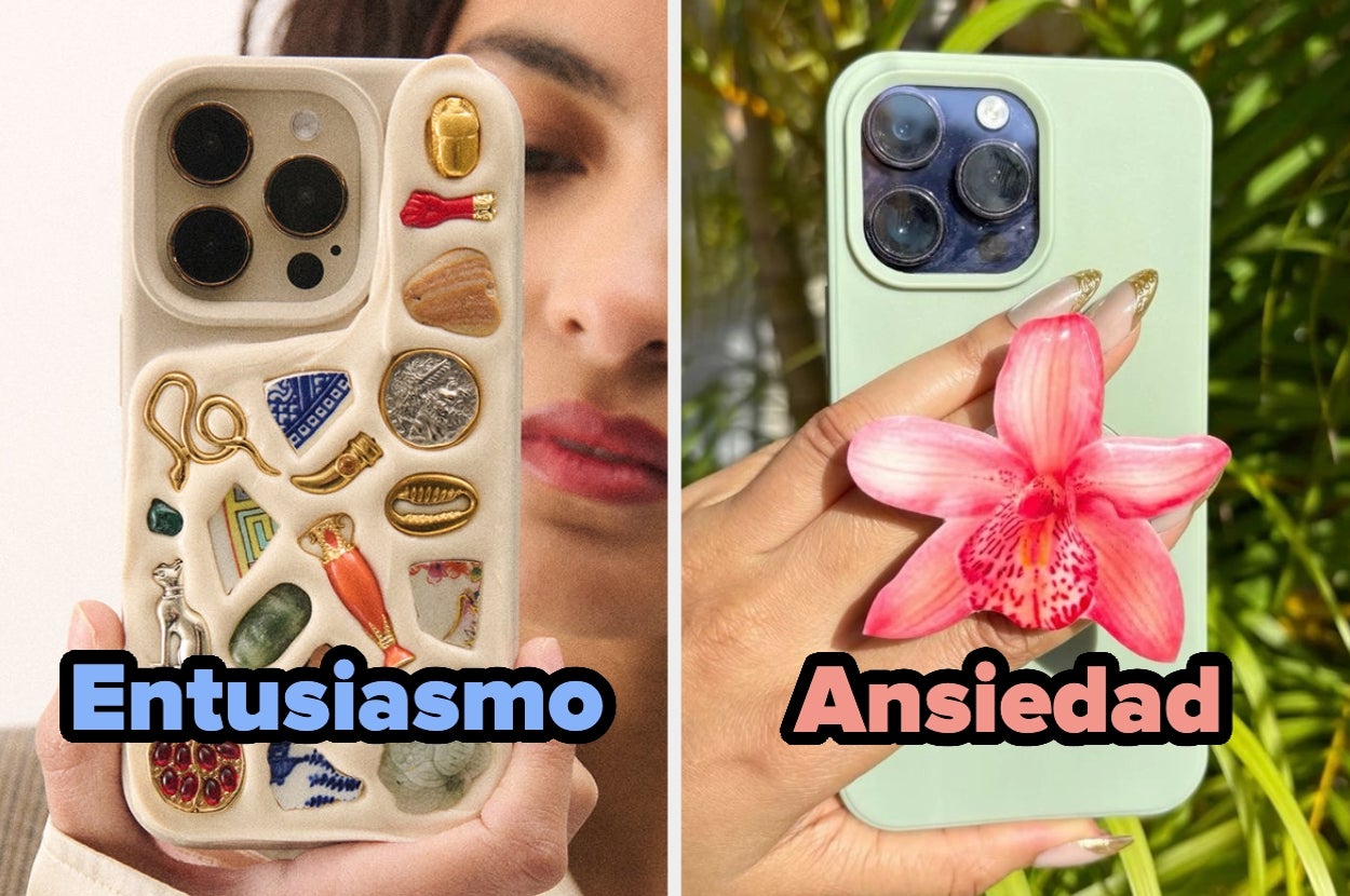 Left: Phone case with various charms, labeled "Entusiasmo." Right: Hand holding phone with a pink orchid, labeled "Ansiedad."