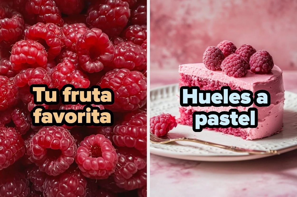 Image with two panels: Left shows raspberries with the text "Tu fruta favorita." Right shows a slice of raspberry cake with "Hueles a pastel."