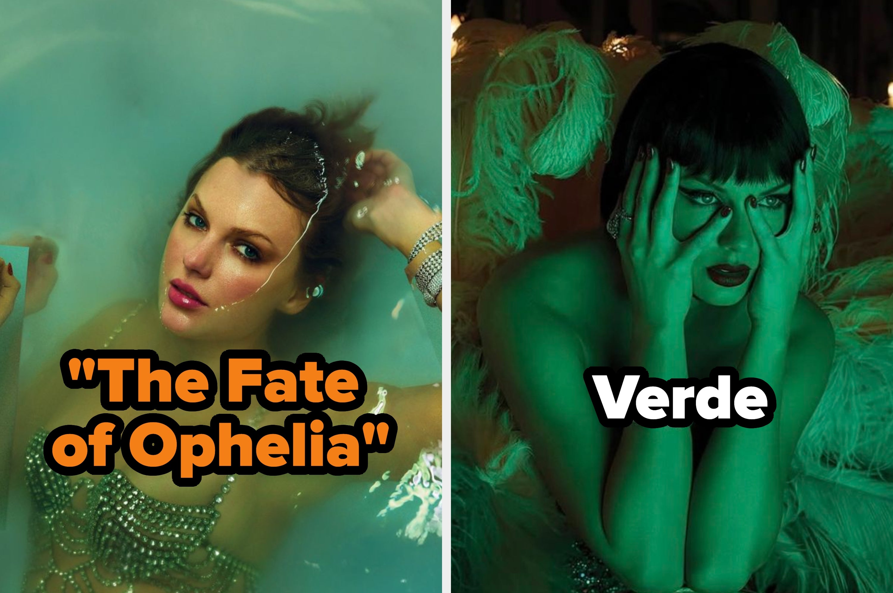 Left: Person in water with text "The Fate Ophelia." Right: Text "Turquesa" on a starry background