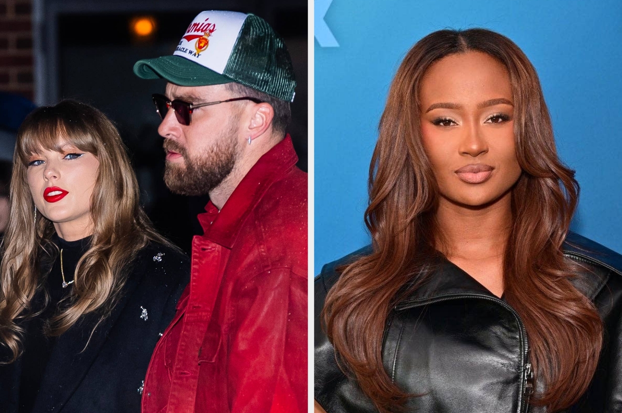 Left: Travis Kelce with Taylor Swift. Right: Kayla Nicole