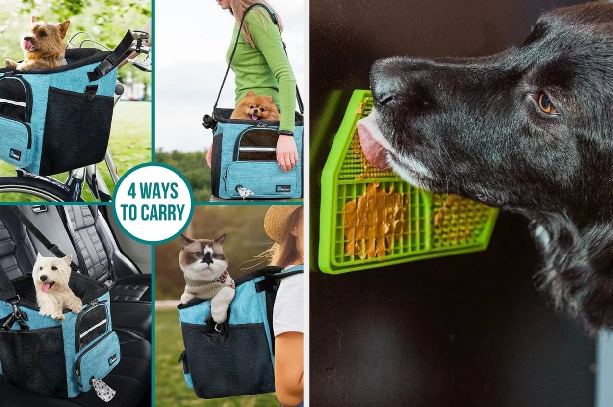 Four images show pets in a blue and black carrier: on a bike, with human, in car, as a backpack. Text reads "4 Ways to Carry."