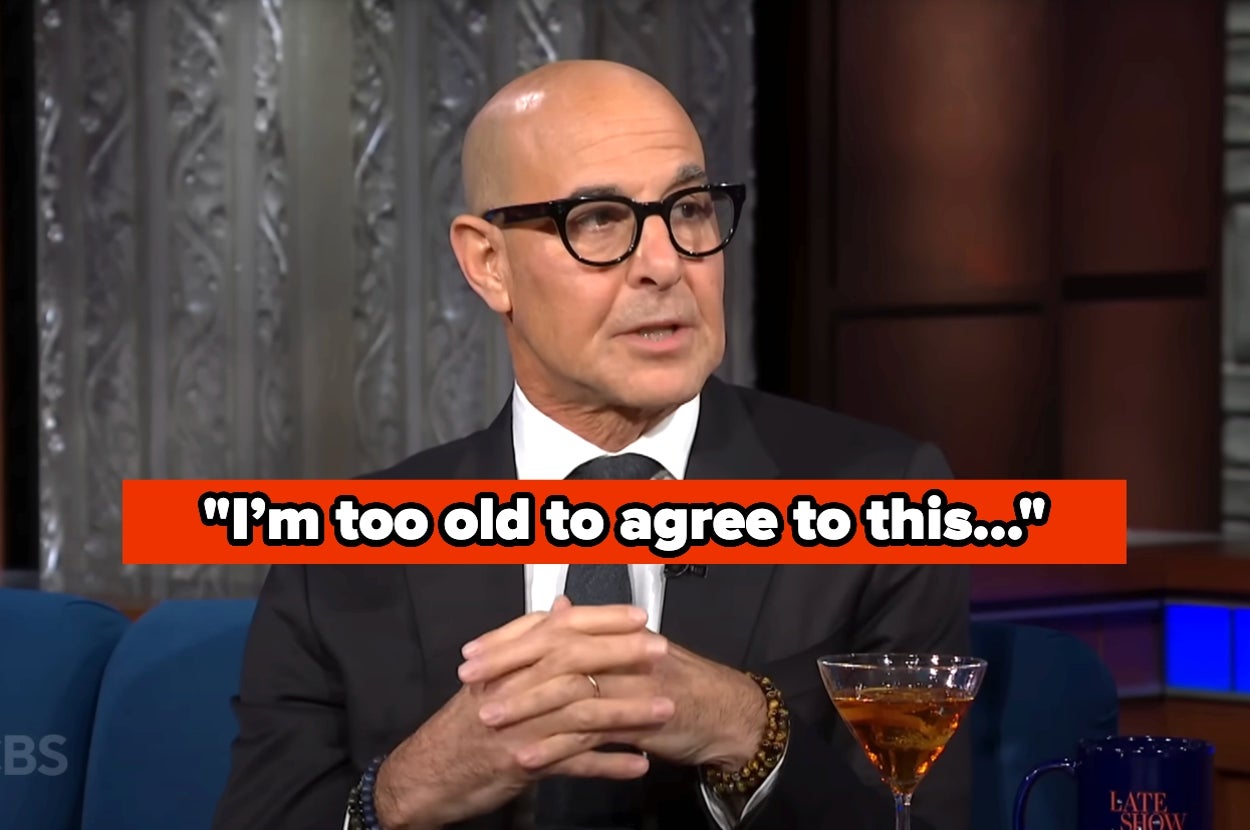 Man in a suit and glasses appears on a talk show set, front of a cocktail, with text saying "I'm too old to agree to this..."