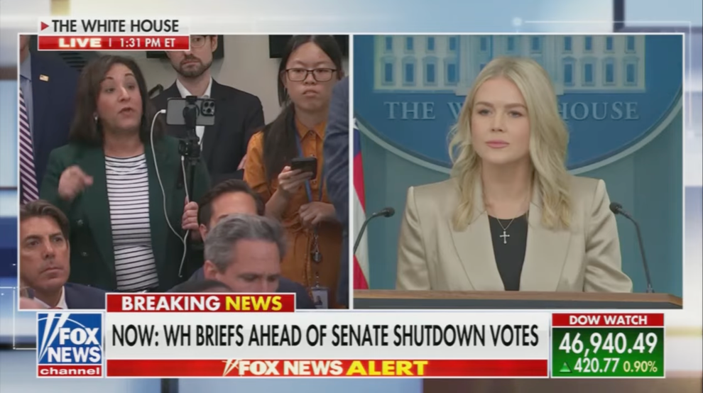 "I've Never Met You": Karoline Leavitt Was Truly Shocked By This Bold Question From The Latinos For Trump Founder 6 Press briefing at the White House with a speaker at the podium and reporters present. Fox News banner with breaking news about Senate shutdown votes