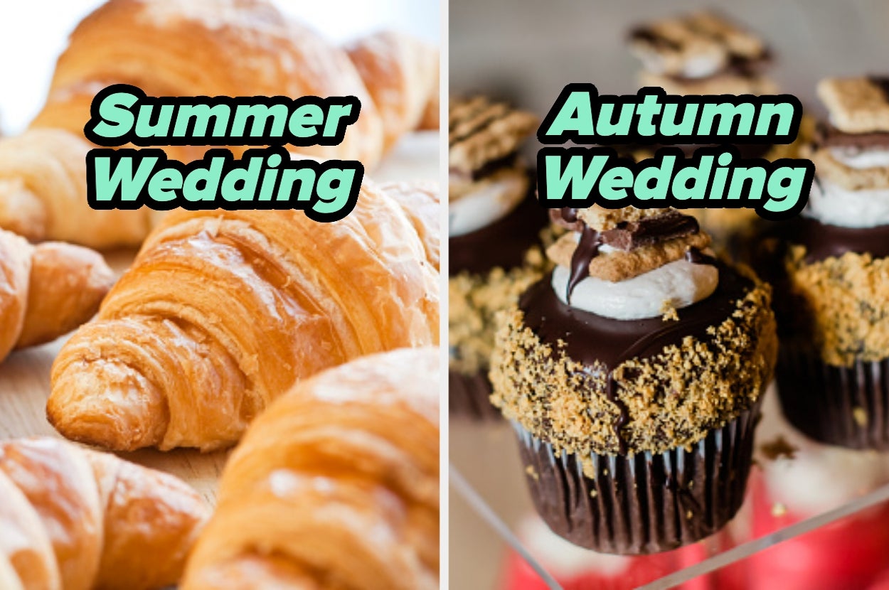 Left: Croissants labeled "Summer Wedding." Right: S'mores cupcakes labeled "Autumn Wedding."