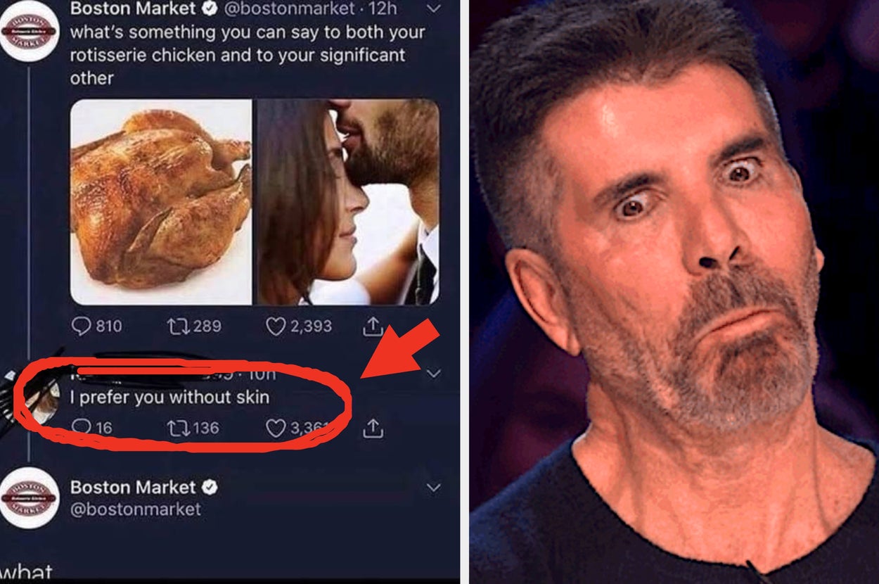 Screenshot of a humorous Twitter exchange about rotisserie chicken, paired with a surprised person