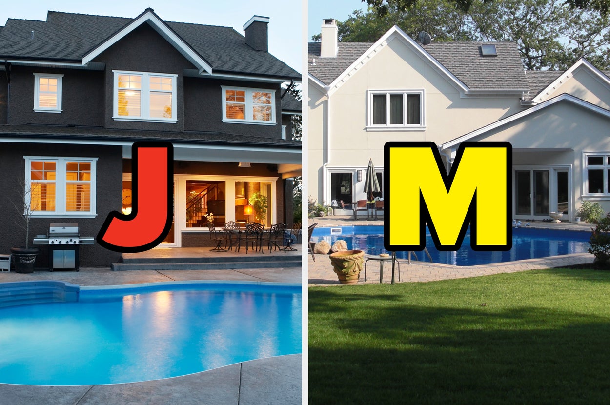 Split image of two houses with pools; left marked "J" and right marked "M." Both exterior views show spacious swimming areas