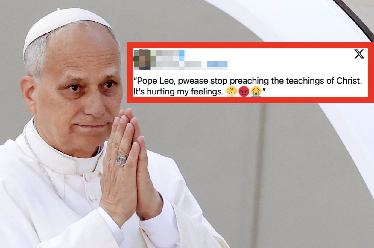 A man in religious attire with folded hands next to a humorous social media post asking "Pope Leo" to stop preaching because it's hurting feelings