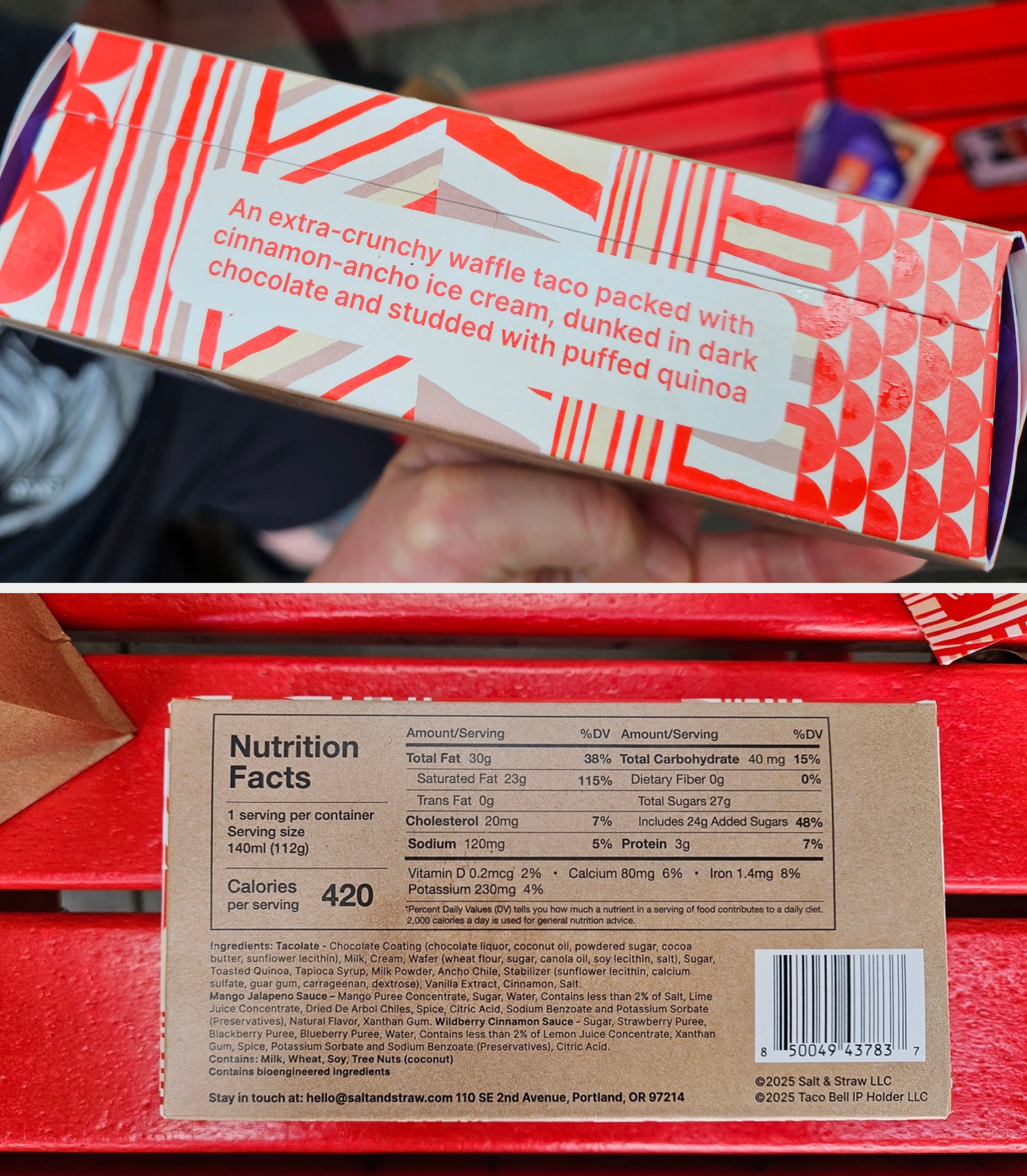 Box label describes a crunchy waffle taco with cinnamon-ancho ice cream, dark chocolate, and puffed quinoa