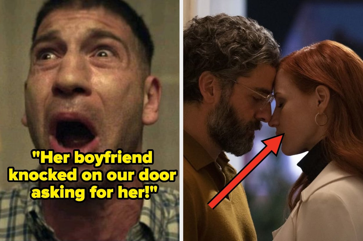 Split image: Left, a man appears shocked. Right, a man and woman touch foreheads tenderly, with an arrow pointing at them. Text: "Her boyfriend..."