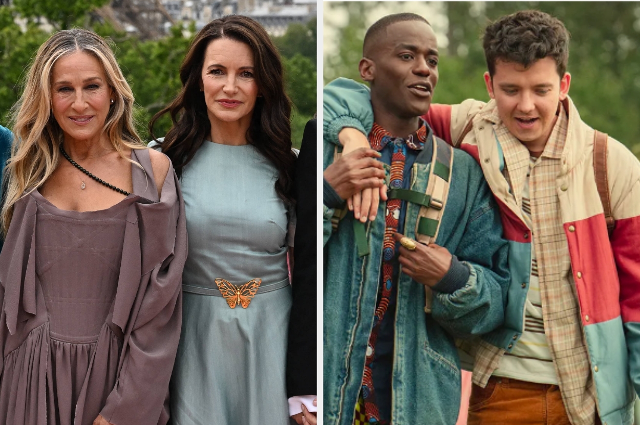 Two women in elegant dresses stand together; two young men in casual, colorful outfits walk closely with arms around each other