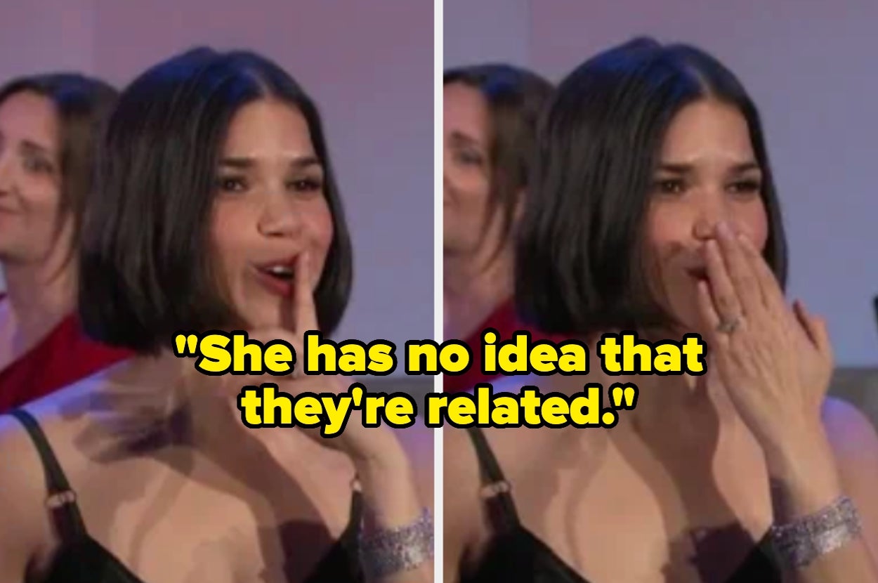 Woman reacts with surprise, hand covering mouth, caption reads: "She has no idea that they're related"