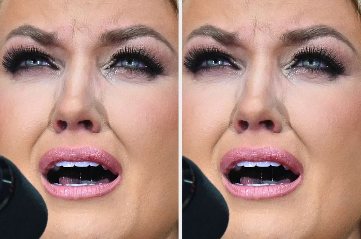Person showing emotional facial expressions at a public speaking event, with visible makeup and attention to detail on eyelashes and lips