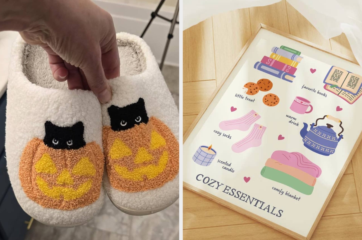 Hand holding Halloween-themed slippers with black cats and pumpkins; next to them, a poster showing cozy items like socks and tea with "Cozy Essentials" text