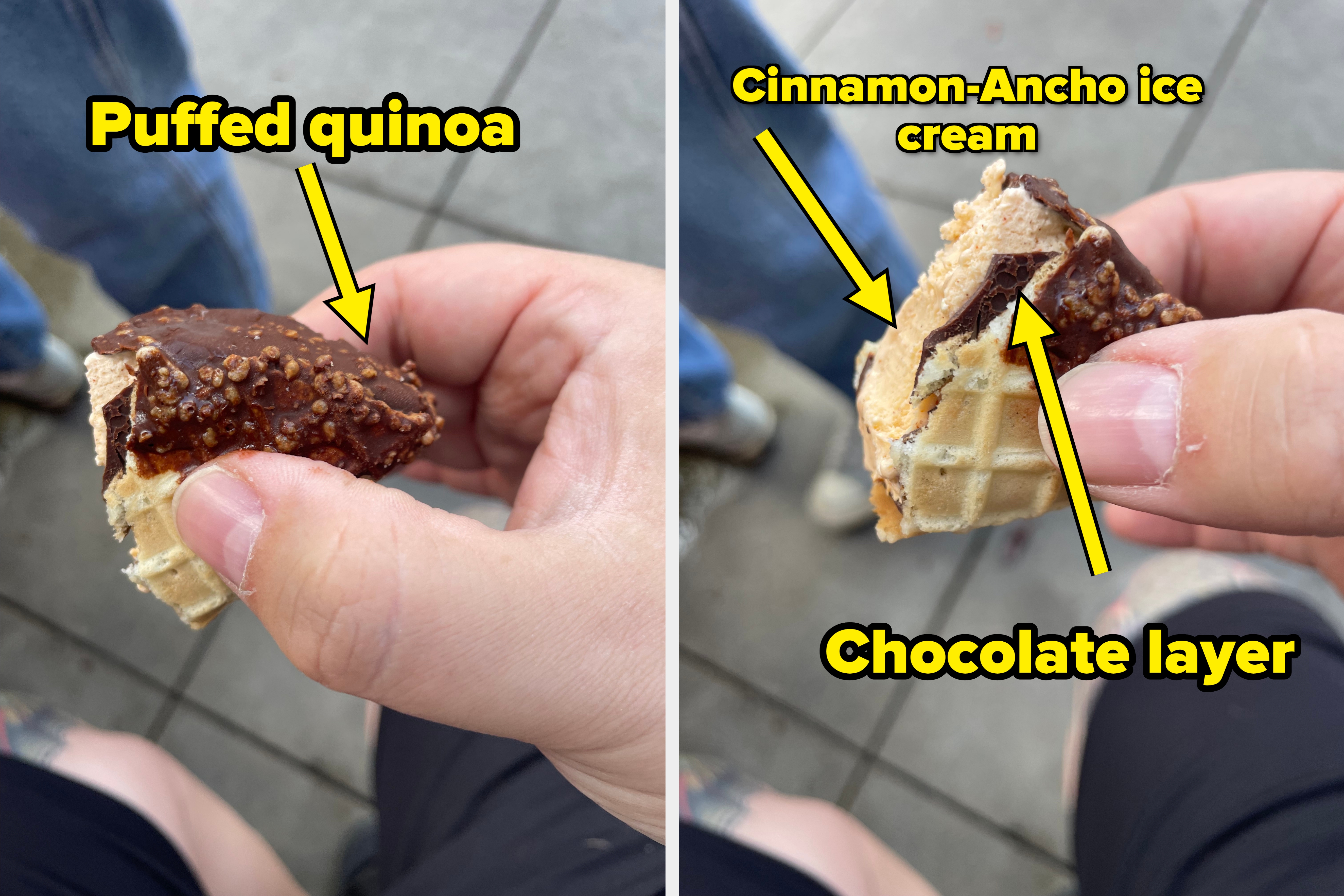 Hand holding a partially eaten ice cream cone with chocolate and nuts