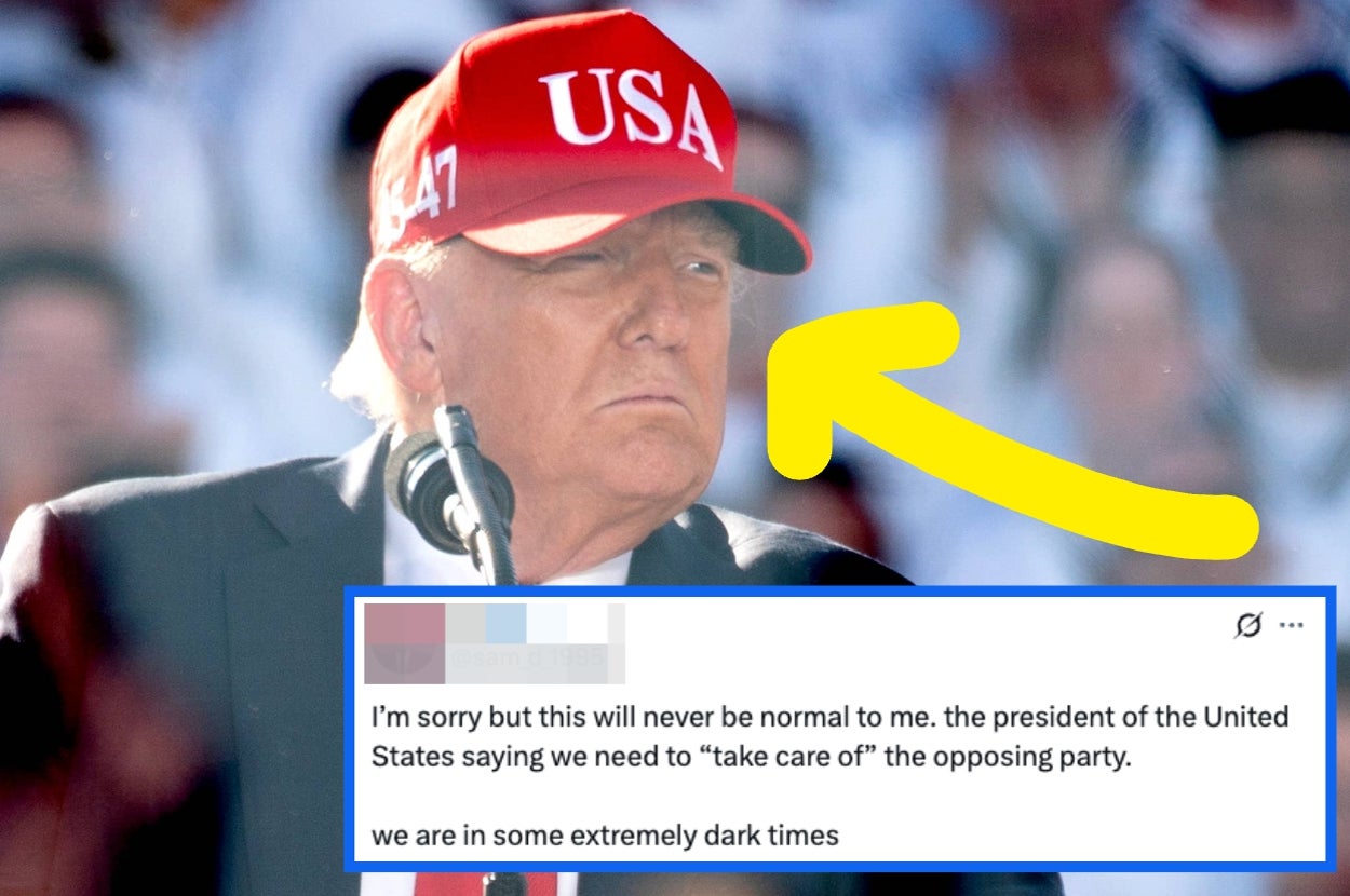 A person in a USA cap speaks at a podium. A yellow arrow points to them. A text excerpt discusses concern over the President's remarks