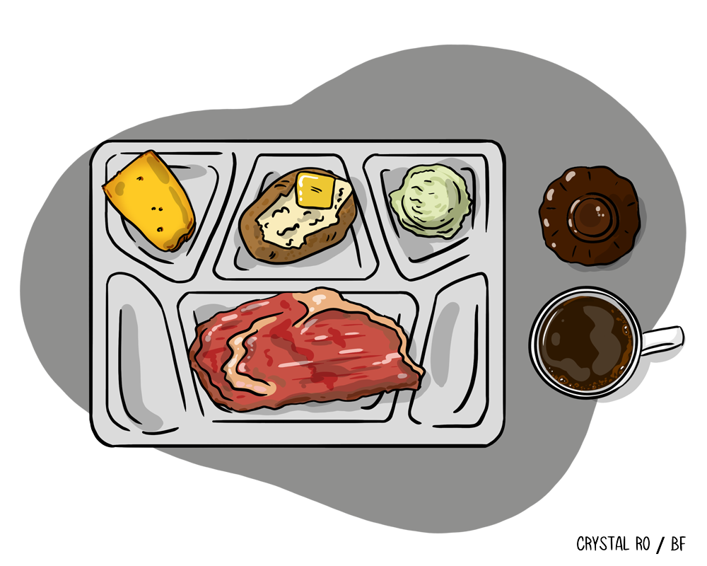 Compartmentalized tray with steak, baked potato, sponge cake, cheese slice, coffee, and a small pudding cup