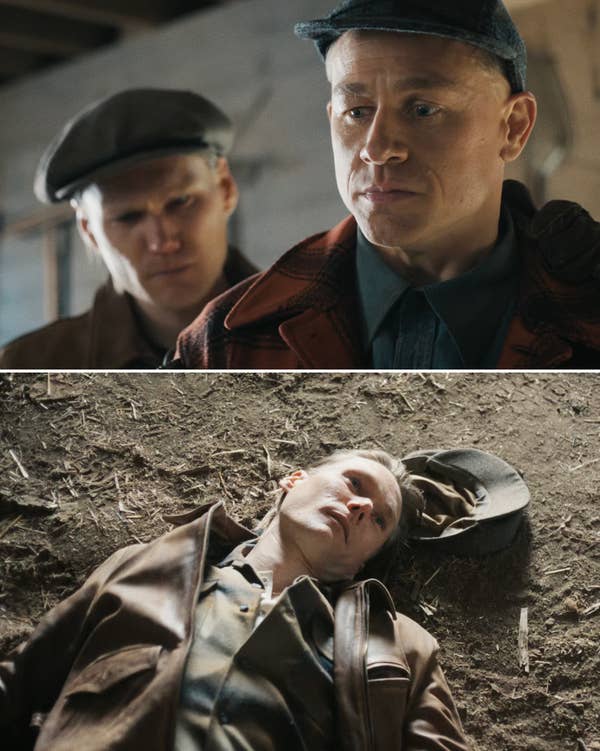 Two scenes from a TV show: two men in vintage outfits conversing; one man lying on the ground, possibly injured