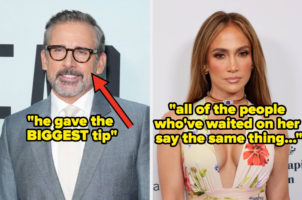 Two celebrities side-by-side: the left wears glasses and a suit; the right wears a floral off-shoulder dress. Text highlights tips and behavior
