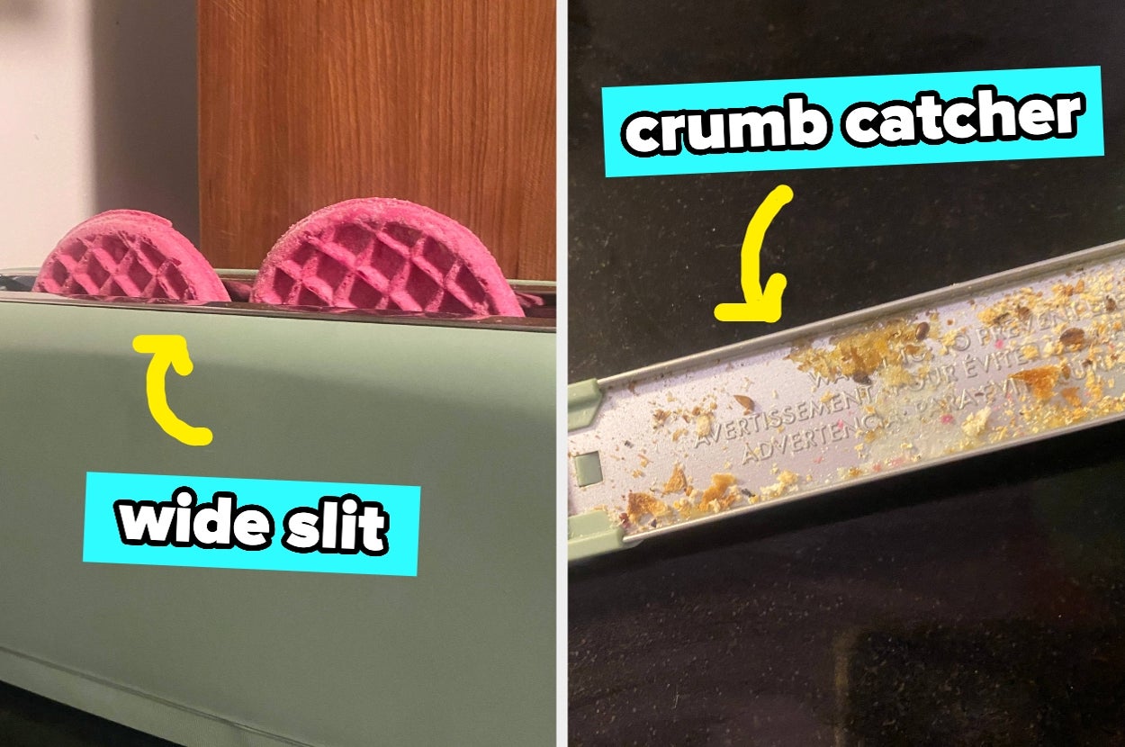 Two pink waffles in a toaster on the left; toaster crumb tray with crumbs labeled on the right