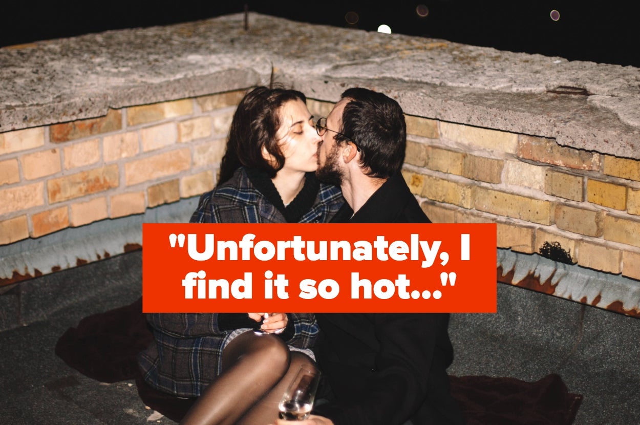 A couple kissing on a rooftop, framed by a quote: "Unfortunately, I find it so hot..."