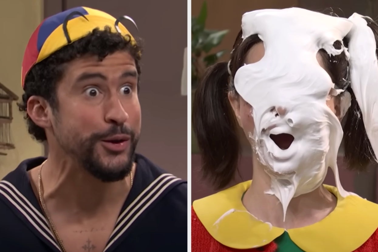 A comedian dressed as a sailor with a beanie reacts, while another person is covered with pie cream on their face, wearing a colorful costume