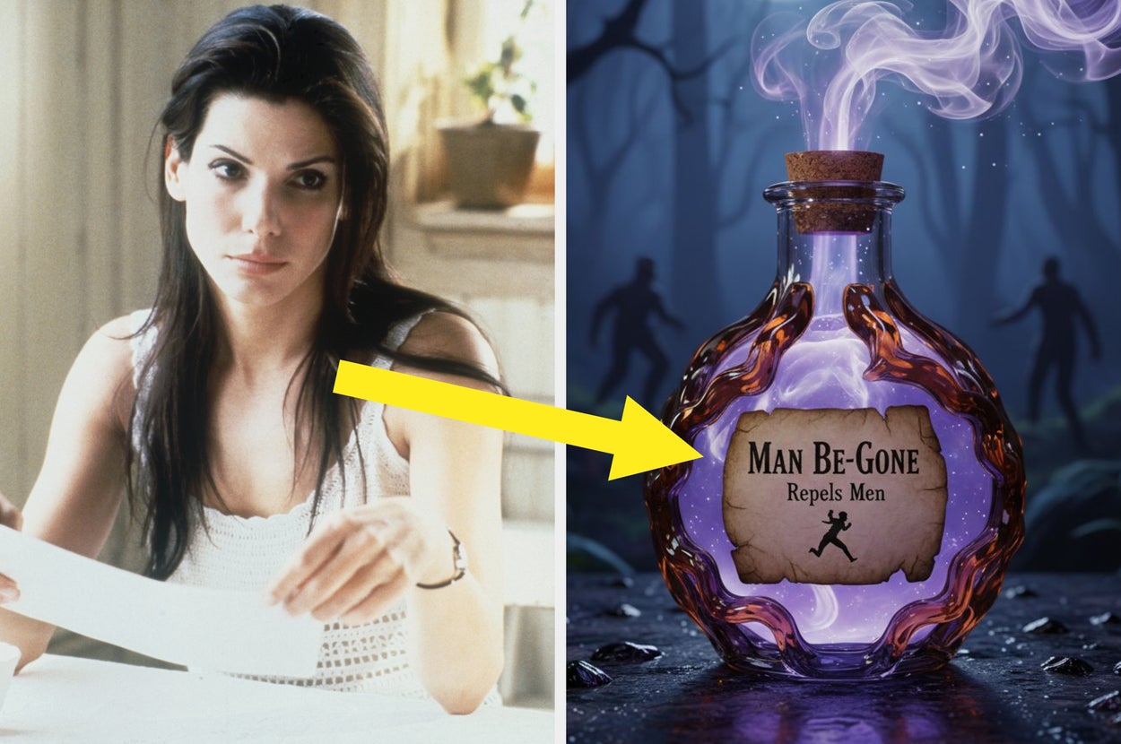 A woman reads a paper beside an illustrated potion bottle labeled "Man Be-Gone, Repels Men" with a magical aura and silhouette figures in the background