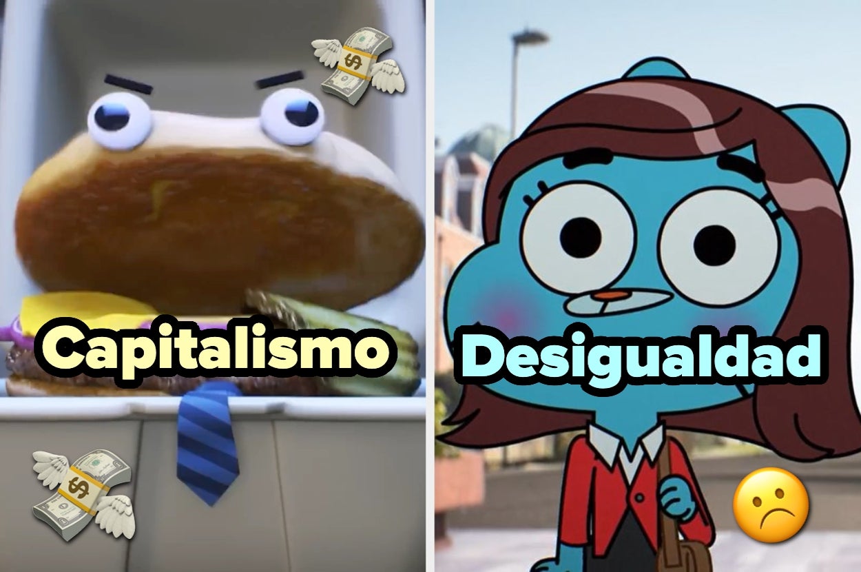 Montaje de dos imágenes de personajes animados representando "Capitalismo" y "Desigualdad" con iconos de dinero y tristeza
