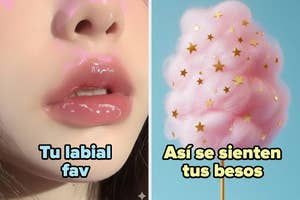 Glossy lips with text "Tu labial fav" and cotton candy with text "Así se sienten tus besos."