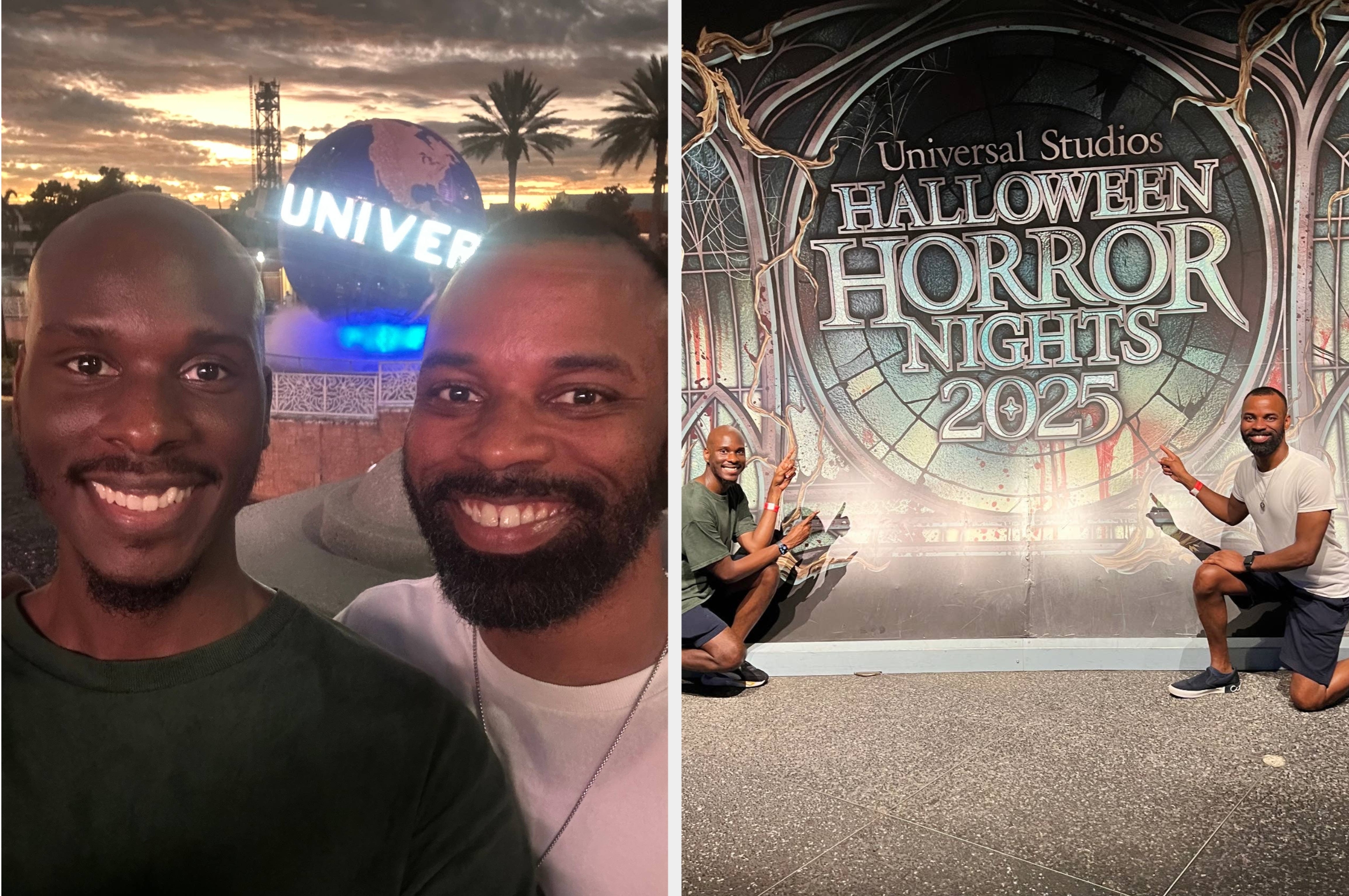 Two people kneel and smile in front of a sign for "Universal Studios Halloween Horror Nights 2025," pointing enthusiastically at the event name