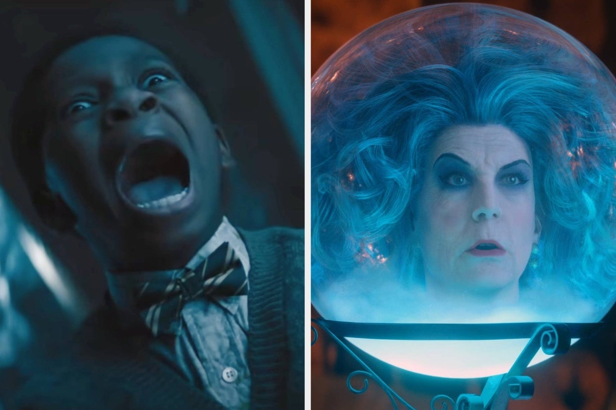 Split image of a young boy screaming and Madame Leota in a crystal ball in scenes from "Haunted Mansion"