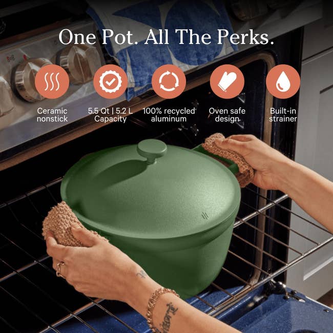 ceramic nonstick, 5.5 qt capacity, recycled aluminum, oven-safe, built-in strainer