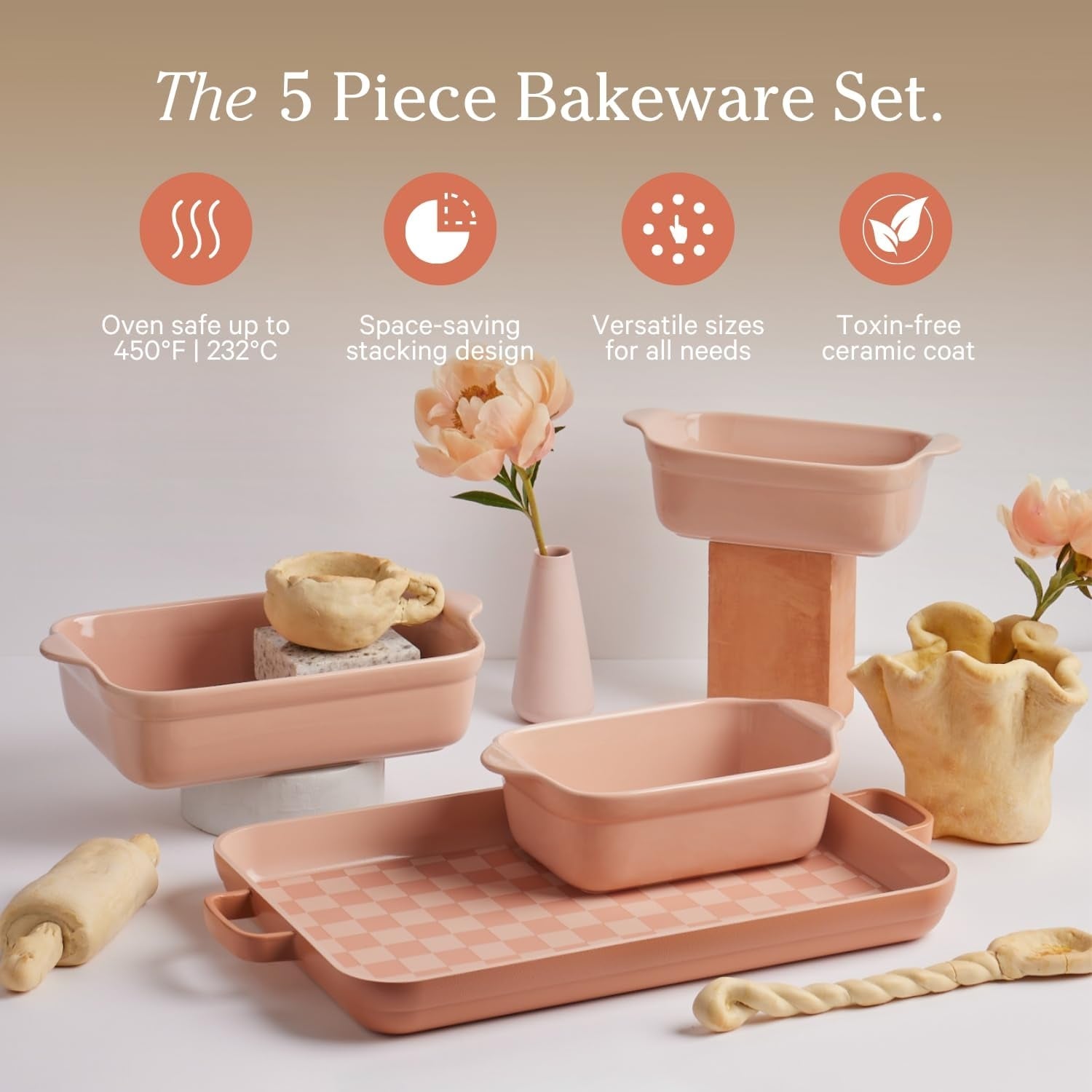Five-piece bakeware acceptable   with loaf pans and trays, suitable for ovens up   to 450°F, featuring a space-saving stackable plan  and toxin-free ceramic coating