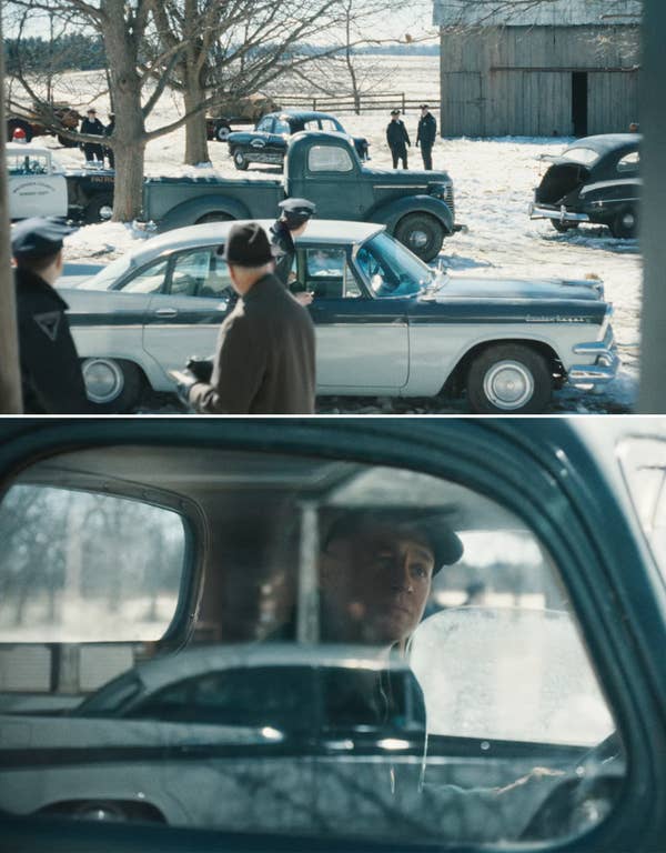Two stills from a vintage-style detective scene: officers near classic cars in a snowy rural area, one man seen through a car window