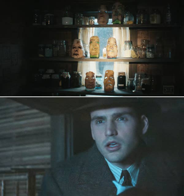 Shelves display painted masks in a dim room. Below, an anxious man in a suit and hat stares forward, suggesting a suspenseful scene