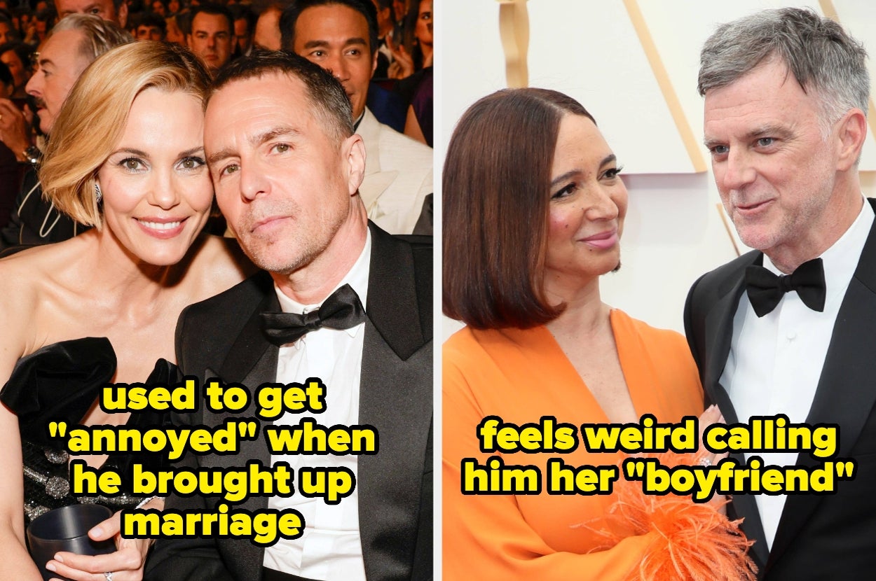 Left: Leslie Bibb and Sam Rockwell. Caption: "used to get 'annoyed' when he brought up marriage." Right: Maya Rudolph and Paul Anderson. Caption: "feels weird calling him her 'boyfriend'"
