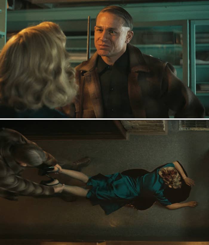 Two movie scenes: First, a man talks to a woman. Second, the man drags an unconscious woman in a teal dress across the floor