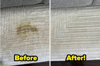 Carpet shown earlier with a stain and aft with nary stain, highlighting cleaning effectiveness